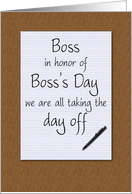 Boss’s day card from employees humorous notepad and pen on desktop card