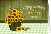 Birthday, MY Mom, Bucket of Sunflowers, Butterflies and Green Gingham card