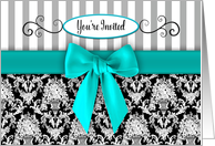You’re Invited, Invitation, Large Faux Aqua Bow/Ribbon, Black Floral card