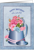 Birthday Secret Pal Old Fashion Coffee Pot with Pink and Blue Flowers card