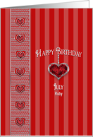 Birthstone, Ruby, July, Hanging Heart and Faux Jewels card