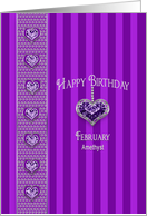 Birthstone, February, Amethyst, Hanging Heart with Faux Jewels card