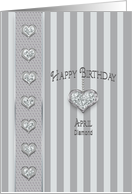 Birthstone, April, Diamond Hearts, Faux Jewels, Stripe Background card