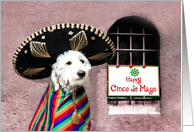 Cinco de Mayo, Dog wearing Mexican Sombrero with Sign Beside Him card