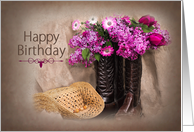 Birthday, Country Western Boots with Lilacs, Purple Tulips and Daisies card