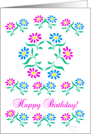 pink and blue flowers, happy birthday card