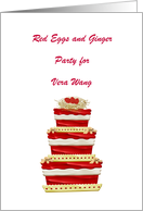 Red Eggs & Ginger Party Invitation, Nest of Eggs on Cake, Custom Text card