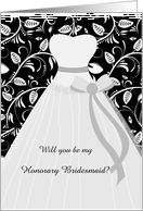 Wedding, Honorary Bridesmaid - white gown on leafy damask pattern card