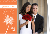Just Married Announcement Orange with Palm Tree Custom Photo card