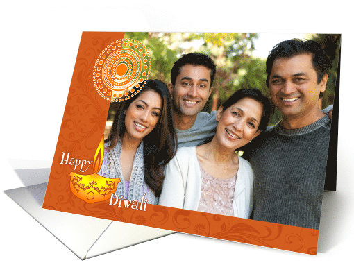 Happy Diwali Orange Oil Lamp Candle Custom Photo card (1494560)
