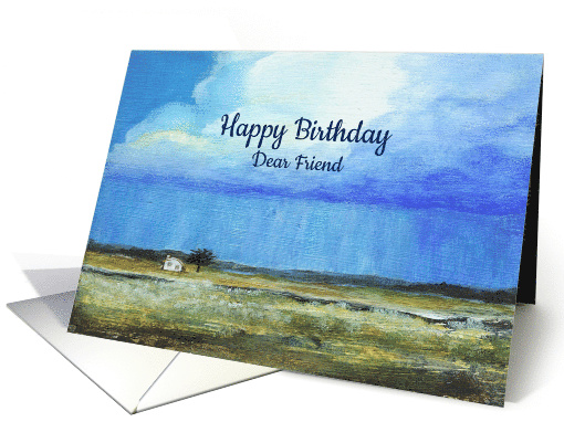Happy Birthday Dear Friend Folk Art Primitive Landscape Painting card