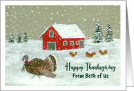 Happy Thanksgiving From Both of Us Snowy Barnyard Turkey Farm Painting card