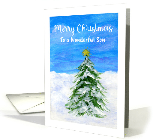 Merry Christmas Son Evergreen Tree Snow Winter Landscape Painting card