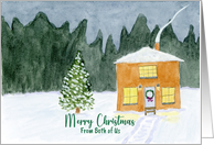 Merry Christmas From Both Evergreen Tree House Snow Landscape Painting card