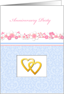weddign anniversary party invitation, elegant golden hearts, blue damasc and pink flowers design card