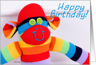 Happy Birthday, colorful sock monkey card