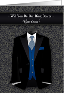 Will You Be Our Ring Bearer Blue Necktie and Black Suit Custom card