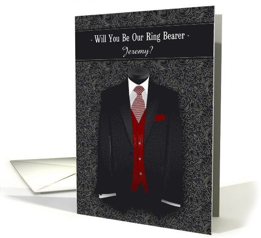 Will You Be Our Ring Bearer Black and Red with Custom Text card