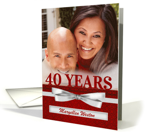40th Birthday Party Ruby Red Damask with Silver Custom Photo card