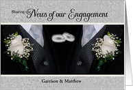 Gay Couple Engagement Tuxes and White Roses Custom card