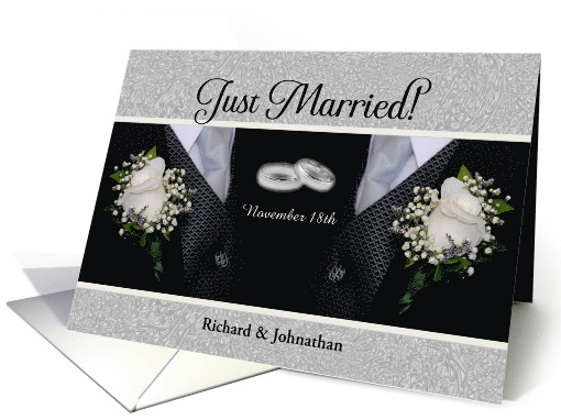 Just Married Two Grooms Tuxes and White Roses Custom card (1276492)