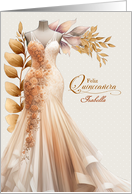 Feliz Quinceanera Peach and Golden Gown Custom Name card