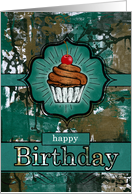 Birthday for Him Teal and Brown Urban Graffiti with Cupcake card
