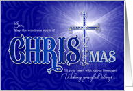 for Son Religious Christmas Blessings with Christian Cross in Blue card