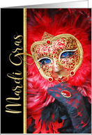 Mardi Gras Carnival Mask with Red Feathers and Faux Gold Leaf card