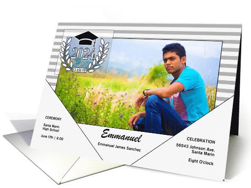Graduation Party Modern Grayscale with Stripes Photo 2024 card