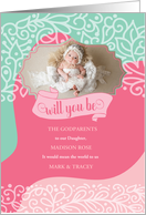 Godparents Request Pink and Sea Green Swirls Photo card