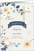 Baptism Invitation Navy Blue and Yellow Blossoms Christian Cross card