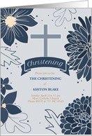 Christening Invitation Bold Blue Botanicals with Cross card