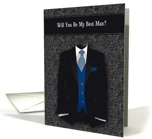 Best Man Request Wedding Black and Blue Suit Tie card (1772262)