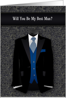Best Man Request Wedding Black and Blue Suit Tie card