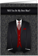 Best Man Request Wedding Black and Red Suit Tie card