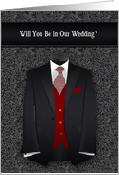 Be in Our Wedding Request Wedding Black and Red Suit Tie card