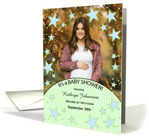 Baby Shower Invite in Blue and Green Stars with Baby's Photo card