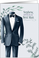 Nephew Best Man Request Blue Wedding Tux with Eucalyptus card