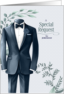 Best Man Request Wedding with Blue Tux and Eucalyptus card