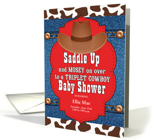 Triplet Cowboys Western Themed Baby Shower Invitation Custom card