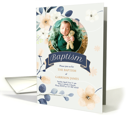 Baptism Invitation for Baby Boy Blue and Yellow Blossoms Photo card