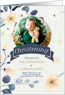 Christening Invitation for Baby Boy Blue and Yellow Blossoms Photo card