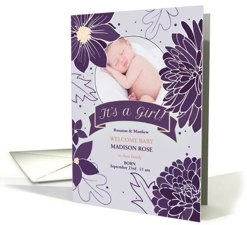 Plum Floral Birth Announcement It's a Girl with Photo card (711600)