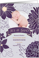 Plum Floral Birth Announcement It’s a Girl with Photo card