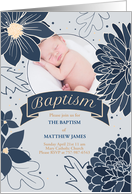 Baptism Invitation Bold Blue Botanicals with Photo card