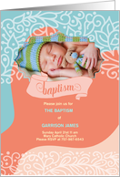 Baptism Invitation Orange and Blue Swirls with Photo card