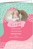 It’s a Girl Birth Announcement Pink and Sea Green Swirls Photo card