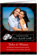 Custom Civil Union Announcement Red Pinstripe with Photo card