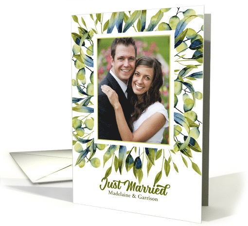 Just Married Announcement with Photo in Sage Green Botanical card
